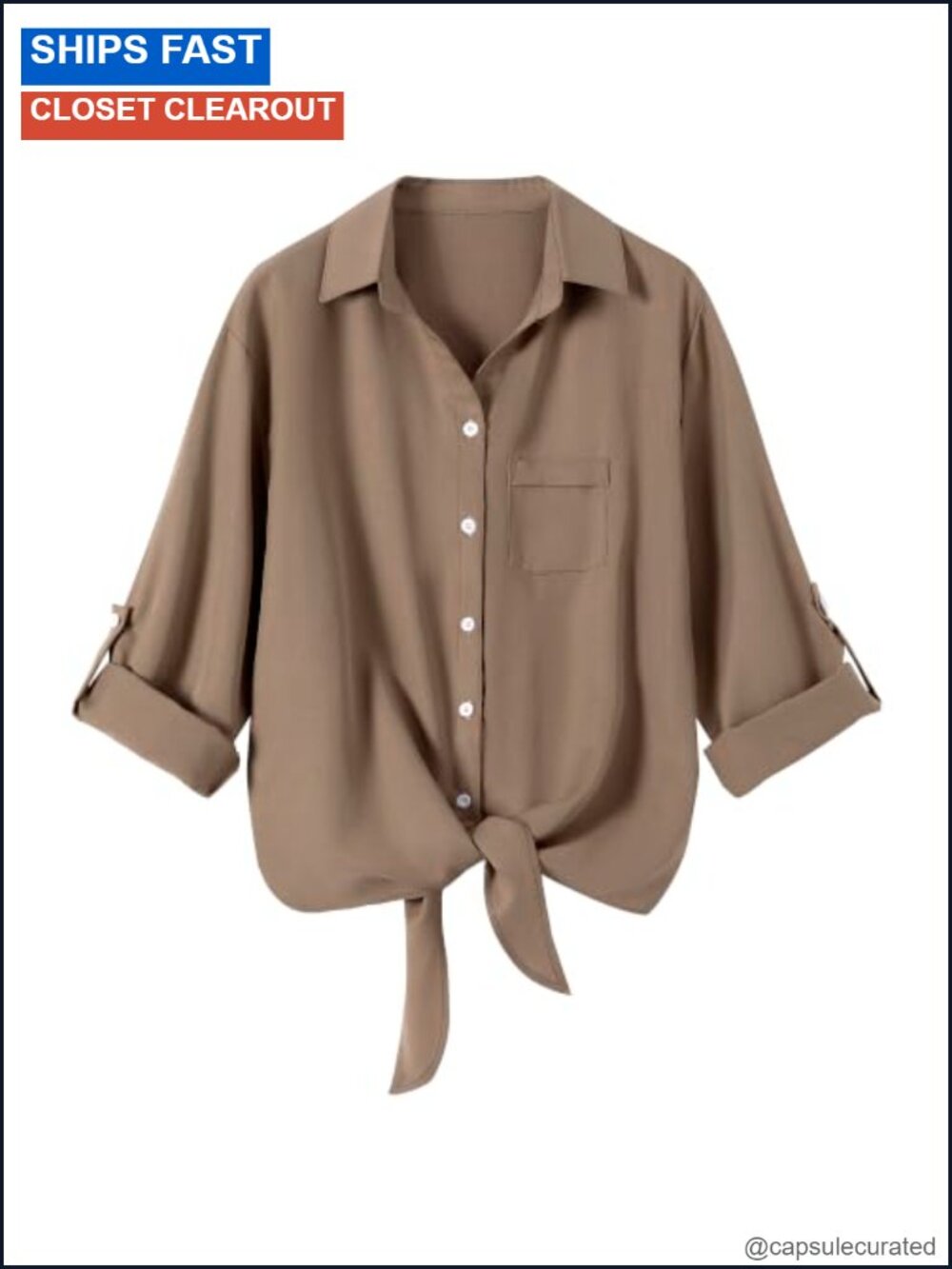 Women's Tie Front Blouse Button Down Rolled Sleeve Lyocell Pocket Shirt